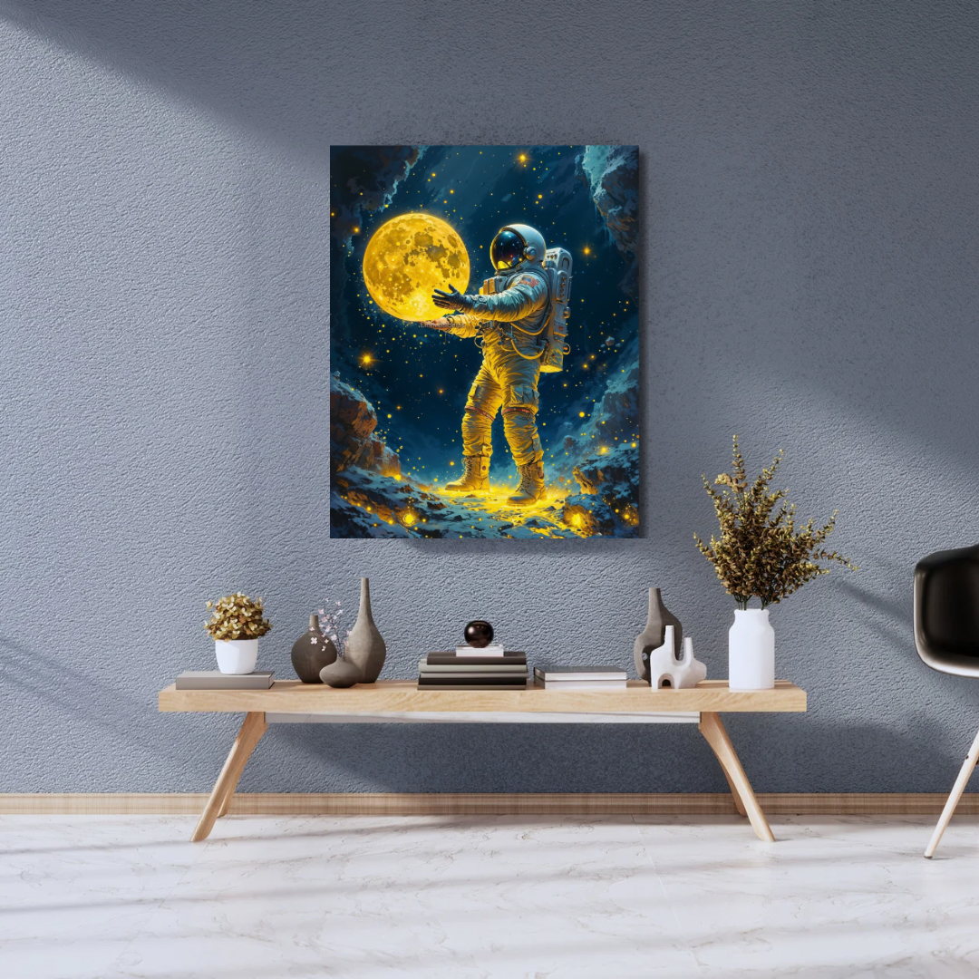 Kanvas Tablo Dijital Baskı Ay Tutan AstronotTablosu Salon Duvar Tablosu