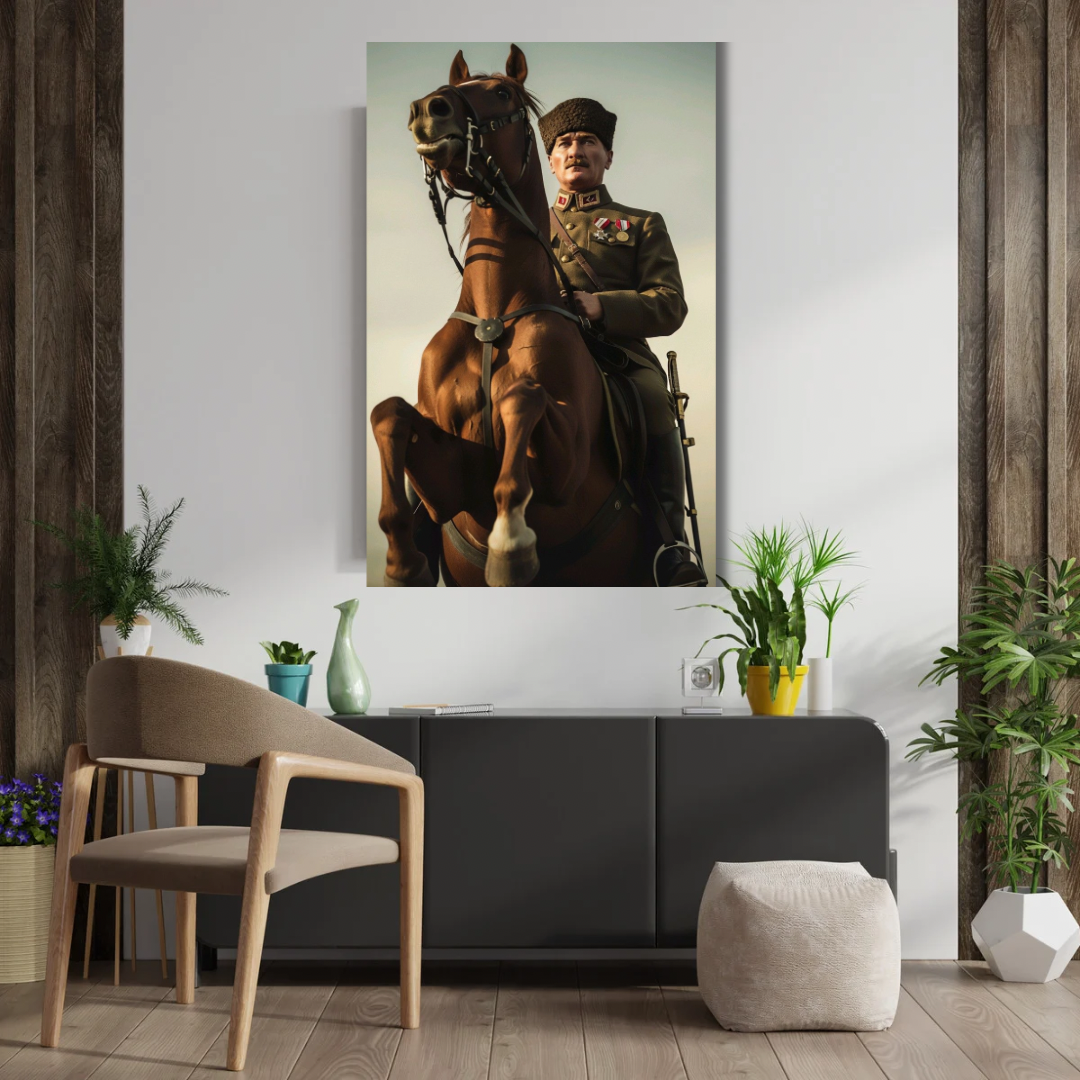 Kanvas Tablo Dijital Baskı Atatürk At Üstünde Renkli Atatürk Tablosu Salon Duvar Tablosu