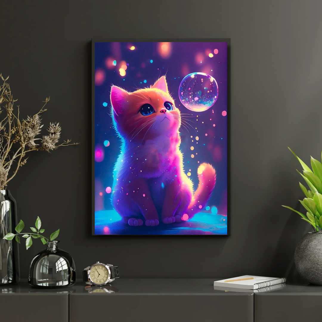 Kanvas Tablo Dijital Baskı Tatlı Kedi ve Baloncuk Tablosu Salon Duvar Tablosu