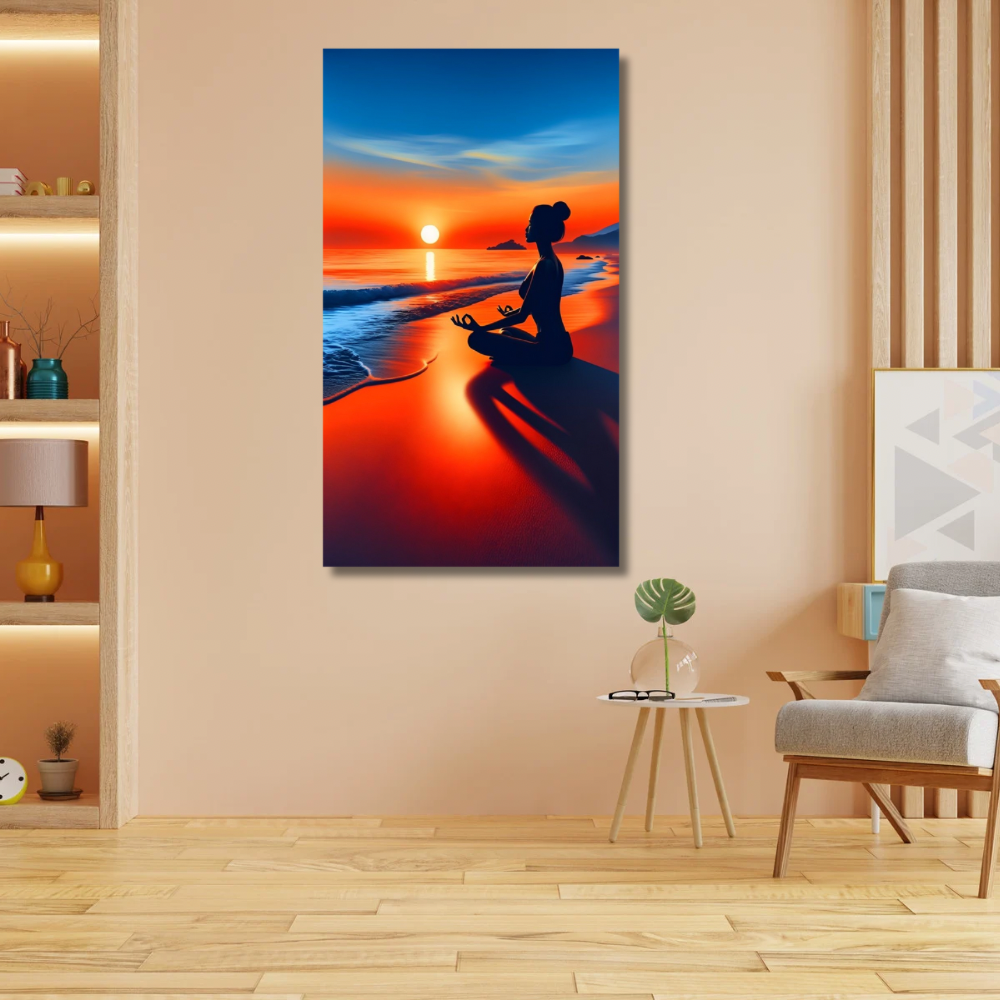 Kanvas Tablo Dijital Bask Gün Batımı ve Yoga Temalı Salon Duvar Tablosu